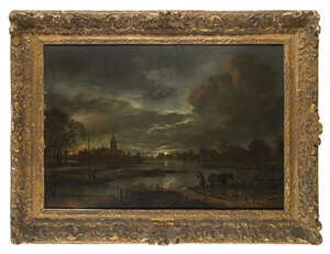 Aert van der Neer, 		Dutch 1603-1677- 		 		Wide river landscape by moonlight with figures...
