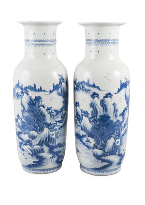 A large pair of Chinese porcelain baluster vases, 18th/19th century, painted in underglaze blue with an expansive mountainous landscape, underglaze blue double