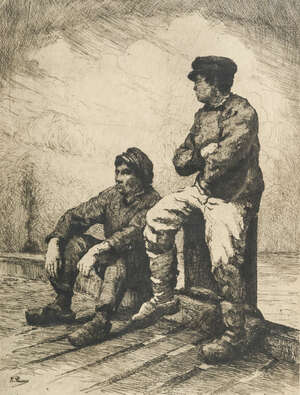 
	
		Kurt Peiser, Belgian 1887-1962- Pecheurs au Repos; etching, signed within the pate,...
