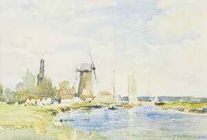 
	
		Johan Hendrik van Mastenbroek, 
		Dutch 1875-1945- 
		 
		Dutch canal scene with...