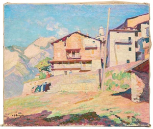Victor-Ferdinand Bourgeois, French 1870-1957 - Le Lavoir à Saint-Martin de Vésubie (Alpes-Maritimes), 1920; oil on board, signed lower left 'V. F. Bourgeo