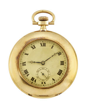 
	
		An 18ct gold open-face dress pocket watch, the silvered engine-turned dial with Roman...