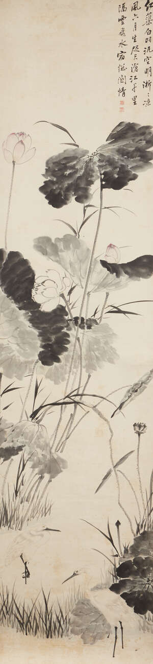 
	
		20th century Chinese School, ink and colour on paper, hanging scroll, heron and lotus,...