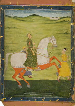 
	
		An equestrian portrait of a Mughal prince, North India, mid-18th century, opaque pigments...