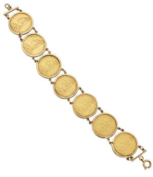 
	
		A sovereign bracelet, composed of seven mounted Victoria Jubilee head sovereigns, 1889 x...