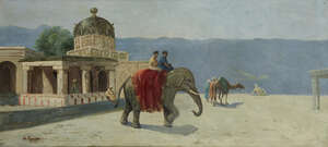 Manner of William Robert Symonds RP, 
British 1851-1934- 
 
Riders on an elephant by an Indian...