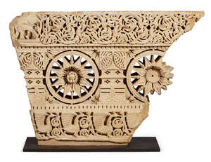 
	
		A deeply carved sandstone element from a balcony or a Jharokha window, Rajasthan,...