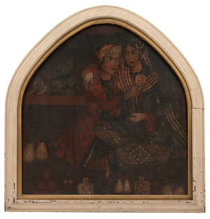 
	
		A Qajar painting of a drinking couple, Iran, late 19th/early 20th century, oil on canvas,...