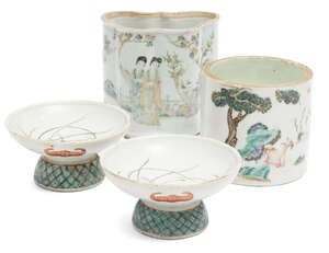 
	
		A pair of Chinese porcelain stem bowls and two brush pots, 19th century, the stem bowls...