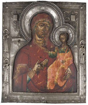 
	
		A Russian icon of Mother of God, 19th century, with three Saints to the borders, with a...