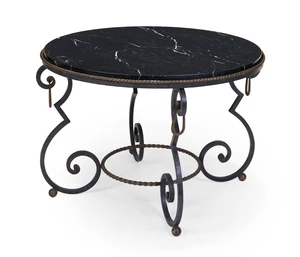 A French wrought iron circular low table, first half 20th century, with marble top, on scrolling supports to ball feet, 51cm high, 73cm diameter 