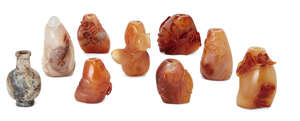 
	
		Eight Chinese carved agate snuff bottles, 20th century, 5-7cm high, and a hardstone...