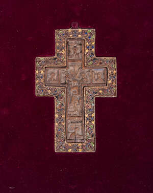 
	
		A Greek orthodox wooden reliquary cross, probably 18th century, carved with a scene of...