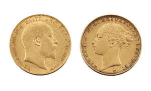 
	
		Two gold sovereigns, one Victoria Young Head, 1885, and one Edward VII, 1907 (2)

	

