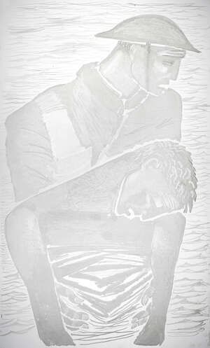 
	
		John Hutton (1906-1978), an engraved glass figurative and commemorative windowpane
		A...