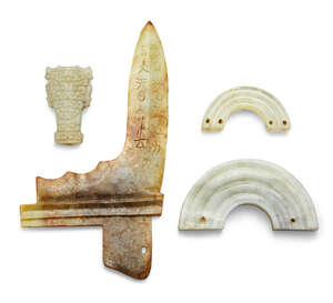 
	
		Four Chinese green jade archaistic carvings, Ming-Qing dynasty, comprising a halberd...