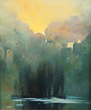 
	
		Continental School, late 20th century- Wetland below a rising city; oil on board,...