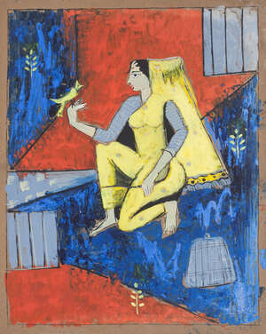 
	
		Prafulla Dahanukar (nee Joshi), 1913-2014, Woman holding Bird, gouache on card, signed...