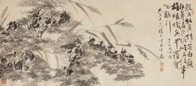 
	
		20th century Chinese School, ink on paper, hanging scroll, crabs and foliage, 60cm x...