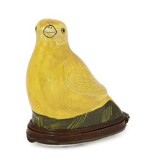 
	
		A Bilston yellow enamel finch box, circa 1770, the interior of floral painted lid with a...