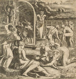 Léon Davent, 
		French, active 1540-1556- 
		The Garden of Vertumna, after Primaticcio; 
		etching, with inscription (on a piece of cardboard attached to t