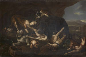 After Johannes Fijt, 
		Flemish 1611-1661- 
		 
		Dogs and a Bear fighting; 
		 
		oil on panel, signed indistinctly, 36x54.5cm 
		 
		Note: The orig