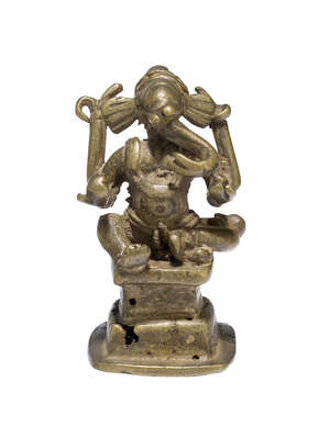 A small bronze figure of Ganesha, 18th century, shown seated on a square, tiered base, with curled trunk, 8cm. high
		Provenance: Private Collection UK