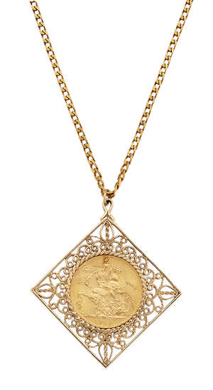 
	
		A gold sovereign pendant, the George V, 1928, sovereign in square-shaped pierced pendant...