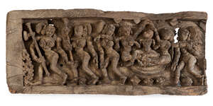 
	
		A carved wood panel, India, late 18th century, depicting a series of dancers in movement,...