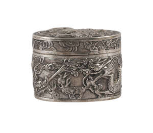 
	
		A Chinese export silver oval box, Chan Kong, early 20th century, repousse decorated to...