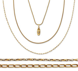 
	
		Two bracelets and three neck chains, the bracelets comprise a one of curb-link design,...