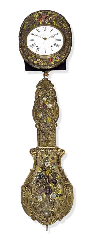 
	
		A French pressed and painted metal Comtoise clock, late 19th century, the frame decorated...