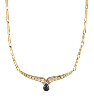 
	
		A sapphire and diamond necklace, the central pear shaped cabochon sapphire between...