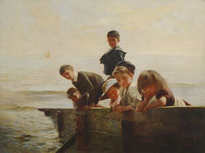 
	
		Alexander Mark Rossi, 
		British 1840-1916- 
		 
		Children fishing at the pier;...