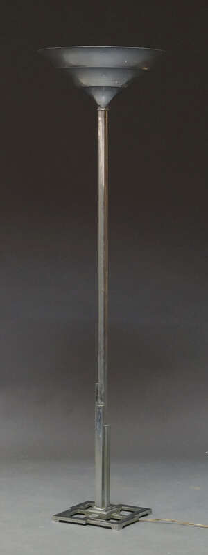 
	
		An Art Deco chromed metal uplighter, c.1940s - 50s, the tapering ribbed shade, on square...