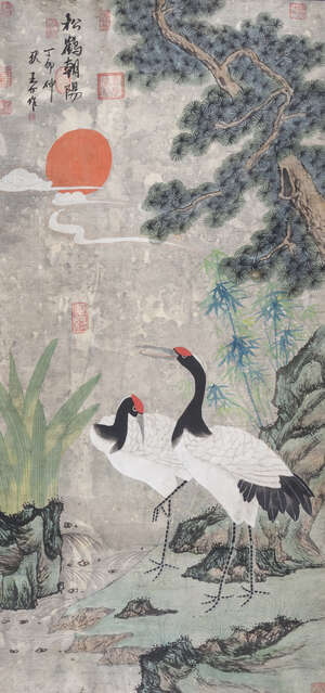 
	
		20TH CENTURY JAPANESE SCHOOL, ink and colour on paper, hanging scroll, two red crested...