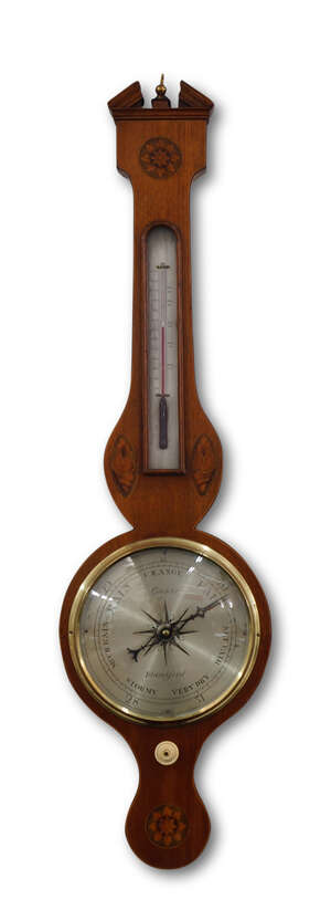 
	
		A mahogany wheel barometer by Gugeri, Blandford, 19th Century, the inlaid banjo case with...