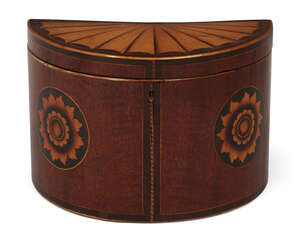 
	
		A George III inlaid mahogany and satinwood demi-lune two-division tea caddy, the top...