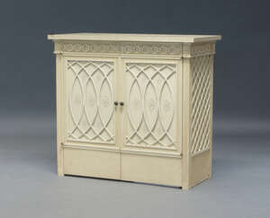 
	
		A cream painted side cabinet, late 20th Century, the rectangular top with faux marble,...
