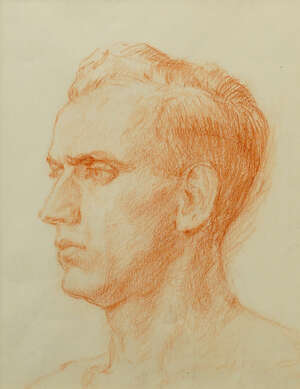 RTO Attributed to Henry Lamb MC RA, 
		British/Australian 1883-1960-
		 
		Portrait of a man's head; 
		 
		red chalk on paper, 23 x 17.5 cm (ARR) 