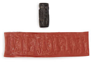 A back steatite cylinder seal with cows, circa 2500 BC, 3.2cm high
		 
		 
		 
		 