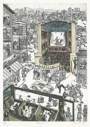 
	
		Chris Orr MBE RA, 
		British b.1943-
		 
		Drama!, 2011;
		 
		etching with aquatint in...