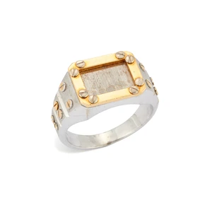 A two colour ring, with geometric panel and screw design, with plain and brushed finish, to...
