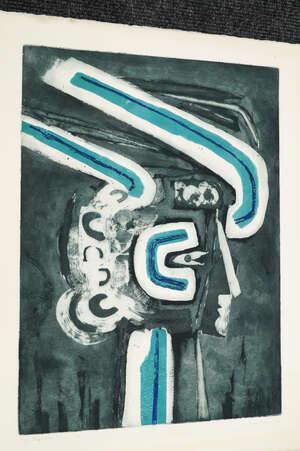 
	
		Ian Hamilton Fraser, 
		British 1933-1987- 
		 
		Winged Head, 1959;
		 
		etching with...