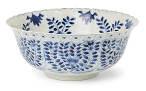 
	
		A Chinese porcelain bowl, 19th century, painted in underglaze blue with panels of birds...