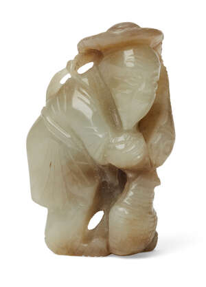 
	
		A Chinese celadon jade fisherman, early 20th century, carved as a fisherman loading his...
