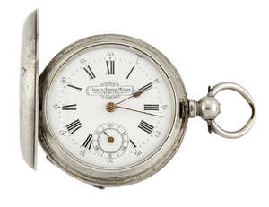 
	
		A late 19th century Swiss hunter-case pocket watch made for the Russian market, the white...