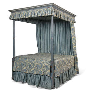 
	
		A George III polychrome-painted and oak four-poster bed, 18th century and later, the...