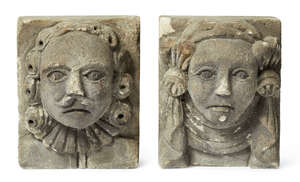 
	
		A pair of carved limestone architectural relief sculptures, probably 17th century,...