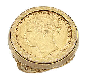 
	
		A 9ct gold mounted Victoria young head sovereign ring, 1884, the ring mount with openwork...